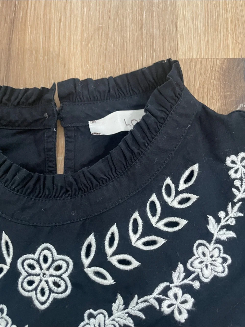 LOFT Black Blouse with White Floral Embroidery